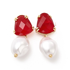 Real 18K Gold Plated Teardrop Rack Plating Brass Glass Dangle Stud Earrings for Women, with Plastic Bead, Long-Lasting Plated, Lead Free & Cadmium Free, Real 18K Gold Plated, 31.5mm, Pin: 1mm