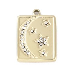 Настоящее золото 14K 304 подвески из нержавеющей стали, со стразами, прямоугольник с подвеской в виде луны и звезды, реальный 14 k позолоченный, 21.5x15.5x2 мм, отверстие : 1.6 мм