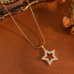 Golden Brass Micro Pave Clear Cubic Zirconia Star Pendant 304 Stainless Steel Round Snake Chain Necklaces for Women, Golden, 15.75 inch(40cm)