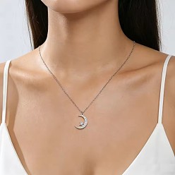Color de Acero Inoxidable 304 Collares unisex con colgante de luna y estrella de cristal y diamantes de imitación de acero inoxidable., color acero inoxidable, 17.72 pulgada (45 cm)