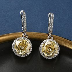 Желтый 925 стерлингового серебра микро проложить кубического циркония серьги обруча, плоско-круглые, платина, желтые, 31x13 мм