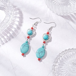 Античный Серебристый & Платиновый Овальные серьги-подвески из синтетической бирюзы в тибетском стиле, старинное серебро и платина, 70.5x13 мм