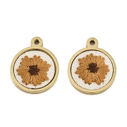 Camel 304 Stainless Steel & Embroidered Pendants, Flat Round with Flower Charms, Ion Plating(IP), Long-Lasting Plated, Real 18K Gold Plated, Camel, 18x15x2.5mm, Hole: 1.6mm
