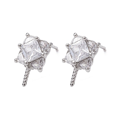 Platine Résultats de boucles d'oreilles en laiton avec micro pavé de zircone cubique, sans cadmium et sans nickel et sans plomb, carrée, platine, 11x7mm, pin: 0.8 mm