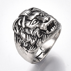 Antique Silver Adjustable Alloy Finger Rings, Wide Band Rings, Lion, Antique Silver, Size 10, 20mm