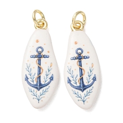 Marine Blue Printed Brass Pendants, Teardrop with Anchor Charms, Golden, Marine Blue, 26x10x3mm, Hole: 3mm