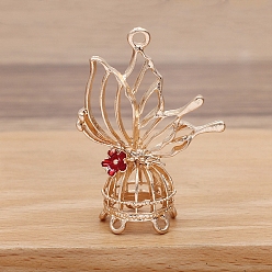 FireBrick Hollowe Alloy Enamel Chandelier Componement Links, Bird Cage Shape with Butterfly, Light Gold, FireBrick, 50x35mm