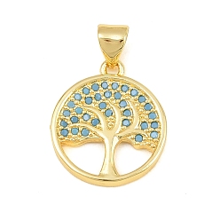 Real 18K Gold Plated Brass Micro Pave Sky Blue Cubic Zirconia Pendants, Tree of Life Charms, Real 18K Gold Plated, 18x15.5x2mm, Hole: 4mm