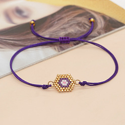 Фиолетовый Браслеты из стеклянных бус в богемном стиле, регулируемые браслеты из плетеного шнура из полиэстера для женщин, шестиугольник, фиолетовые