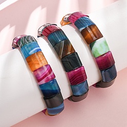 Colorful Square Natural Banded Agate(Dyed & Heated) Beaded Stretch Bracelets for Women Men, Colorful, Inner Diameter: 2.30 inch(5.85cm)