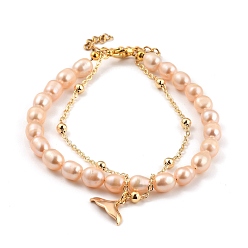 Light Salmon Multi-Strand Bracelets, with Natural Pearl Beads, 304 Stainless Steel Lobster Claw Clasps, Brass Whale Tail Shape Charms & Cable Chains, Golden, Light Salmon, 19cm(7-1/2 inch)