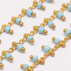 Light Sky Blue Handmade Seed Beaded Chains, Soldered, with Spool, with Brass Findings, Light Sky Blue, 6x2~3mm, about 32.8 Feet(10m)/roll