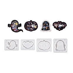 Белый Хэллоуин тема тыквы/летучей мыши/призрака силиконовые формы для зыбучих песков своими руками, формы для встряхивания, формы для литья смолы, для уф-смолы, изготовление изделий из эпоксидной смолы, белые, 6.1~7x7~8.1x1.1 см, внутренний диаметр: 3~56x6~70 мм, 4 шт / комплект