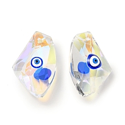 Blau Transparente Glasperlen, mit Emaille, facettiert, Polygon mit bösem Blickmuster, Blau, 23.5x38x13 mm, Bohrung: 2 mm