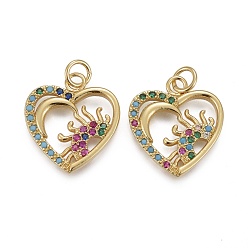 Настоящее золото 18K Латунные микро-паве красочные кубические циркониевые подвески, с прыжковых колец, долговечный, бабочка с луной и солнцем, реальный 18 k позолоченный, 19x17x2 мм, отверстие : 3 мм