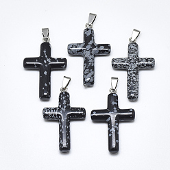 Снежный Обсидиан Естественно снежинка обсидиана подвески, с защелкой из нержавеющей стали на поручнях, крестик, цвет нержавеющей стали, 44~46x28x8 мм, отверстие : 3~4x7~8.5 мм