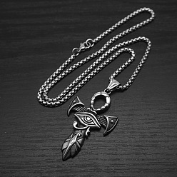 Нержавеющая Сталь Цвет Египетский глаз гора крест анкх 304 подвеска из нержавеющей стали цепочка ожерелья для мужчин, не тускнеет, цвет нержавеющей стали, 23.62 дюйм (60 см)