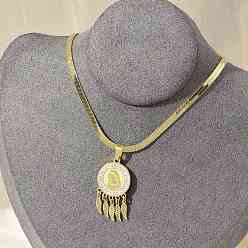 Настоящее золото 18K 201 ожерелья из нержавеющей стали с плоским круглым кубическим цирконием и подвеской в виде пера, реальный 18 k позолоченный, 16.38 дюйм (41.6 см)