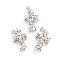 Platinum Rack Plating Brass Pendants, Hollow, Cross, Platinum, 26x15.5x6mm, Hole: 4x6mm
