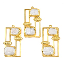 Золотой Натуральный жемчуг большие подвески, с латунной фурнитурой , прямоугольник амулеты, цветочный белый, золотые, 55.5~56x33~33.5x8~8.5 мм, отверстие : 2.6~2.8 мм