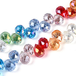 (52) Непрозрачная лаванда Гальванизируйте прозрачное стекло бисер нитей, слеза, сверху просверленные бусы, граненые, разноцветные, 10~11x7.5~8 мм, отверстие : 0.9~1 мм, около 64 шт / нитка, 15.55 дюйм (39.5 см)