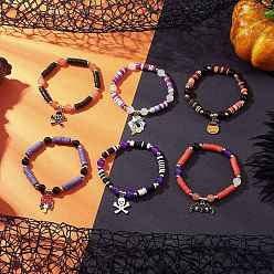 (52) Непрозрачная лаванда 6шт. наборы браслетов ручной работы из полимерной глины с бусинами на тему Хэллоуина, сплав эмали шарм браслеты, разноцветные, внутренний диаметр: 2-1/8 дюйм (5.3~5.5 см)