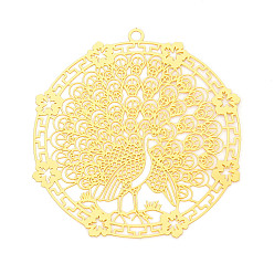 Настоящее золото 18K Латунные филигранные большие подвески, плоский круглый и павлин, гравированные металлические украшения, без кадмия, без никеля и без свинца, реальный 18 k позолоченный, 57.5x53.5~55x0.3 мм, отверстие : 2.4 мм