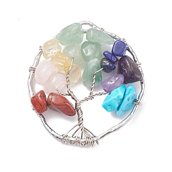 Platinum Alloy Gemstone Chip Pendants, Natural Green Aventurine & Red Jasper & Rose Quartz & Citrine & Lapis Lazuli & Amethyst, Synthetic Howlite, with Copper Wire Wrapped, Mixed Dyed and Undyed, Ring with Tree, Platinum, 35~36x34~35.5x6~9mm, Hole: 3~3.2x1~1.4mm