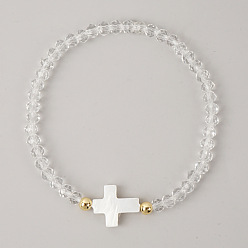 Прозрачный Богемные стеклянные бусины, эластичные браслеты, украшения из натуральных ракушек для женщин, крест и рондель, с латунным, прозрачные, 6.89 дюйм (17.5 см)