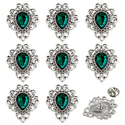 Green 8Pcs Teardrop Zinc Alloy & Glass Lapel Pin Backs for Clothes, Antique Silver, Green, 32x27mm