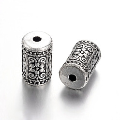 Античное Серебро Тибетский стиль бусины столбцов сплава цветочным узором, без кадмия, без никеля и без свинца, античное серебро, 17x10 мм, Отверстие : 2.5 мм , около 120 шт / 1000 г
