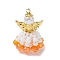 Оранжево-Красный Подвески из бисера ручной работы, с золотой эластичной нитью, Ткацкий станок, с бусиной-бабочкой из сплава и круглой бусиной из стеклянного жемчуга, ангел и фея, оранжево-красный, 37x22x24 мм, отверстие : 2.5x2 мм