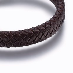 Coconut Brown Leather Braided Cord Bracelets, 304 Stainless Steel Magnetic Clasp, Rectangle, Gunmetal, Coconut Brown, 8-5/8 inch(22cm), 12x6mm