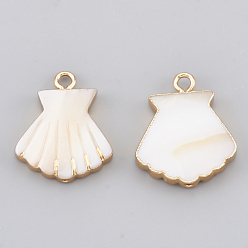 Seashell Color Electroplate Freshwater Shell Pendants, with Iron Findings, with Half Drilled, Shell, Golden, Seashell Color, 18x15x3mm, Hole: 1~1.5mm