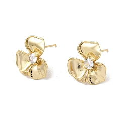 Настоящее золото 18K Фурнитура для сережек-гвоздиков в форме цветка из латуни с прозрачными кубическими цирконами, долговечный, без никеля , с петлей, реальный 18 k позолоченный, 16.5x17.5 мм, отверстие : 1.2 мм, штифты : 0.8 мм