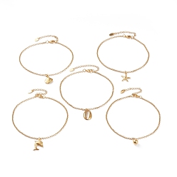 Golden Ocean Theme PVD Vacuum Plating 304 Stainless Steel Charm Anklets, with Rolo Chains and Lobster Claw Clasps, Mixed Shapes, Golden, 9-7/8 inch(25cm)