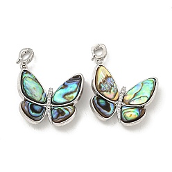 Real Platinum Plated Brass Micro Pave Clear Cubic Zirconia Pendants, Cadmium Free & Nickel Free & Lead Free, with Paua Shell, Butterfly Charms, Real Platinum Plated, 27.5x26x5.5mm, Hole: 4x3mm
