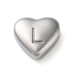 Letter L 201 Stainless Steel Beads, Stainless Steel Color, Heart, Letter L, 7x8x3.5mm, Hole: 1.5mm