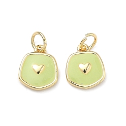 Светло-зеленый Латунь эмаль подвески, самородки с подвесками в виде сердечек, долговечный, стойки покрытие, без свинца и без кадмия, реальный 18 k позолоченный, светло-зеленый, 11x9x2 мм, отверстие : 3 мм, Перейти кольцо: 5x1 мм