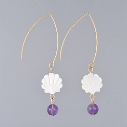 Amethyst Shell Dangle Earrings, with Natural Amethyst Beads, Freshwater Shell Beads and 304 Stainless Steel Earring Hooks, Golden, 75mm, pin: 0.7mm