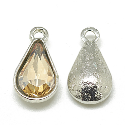 Бледно-Золотистый Сплав стекла подвески, граненые, слеза, платина, бледно золотарник, 18x10x5 мм, отверстие : 2 мм