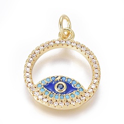 Golden Brass Micro Pave Cubic Zirconia Pendants, with Enamel and Jump Ring, Ring with Evil Eye, Colorful, Golden, 18.5x16x2mm, Hole: 3mm