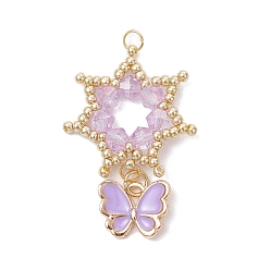 Фиолетовый Подвески-цветы из стеклянных бус, с настоящими 18позолоченными 304 кольцами из нержавеющей стали и эмалированными подвесками в виде бабочек, фиолетовые, 36x24x4 мм