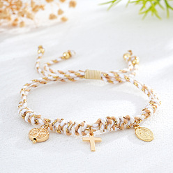 Цвет Древесины Браслеты с подвесками из латуни в богемном стиле, плетеные браслеты из пеньковой веревки для женщин, крест и овал со святым Бенедиктом, деревесиные, внутренний диаметр: 11 дюйм (28 см)