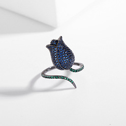 Стально-синий Кольца-манжеты из розовой латуни с микропаве из кубических цирконий, металлический черный , стальной синий, внутренний диаметр: регулируемый