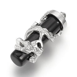 Черный Камень Натуральный черный камень подвески, со сплавочной фурнитурой, античное серебро, колонка с драконом, окрашенные, 39~41x14 мм, отверстие : 3x4 мм