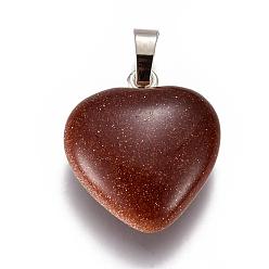 Goldstone Synthetic Goldstone Pendants, with Brass Findings, Heart, Platinum, 23x20x7~9mm, Hole: 5x8mm