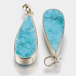 Howlite Natural Howlite Pendants, with Brass Findings, Dyed, teardrop, Golden, 44x15x7mm, Hole: 5x8mm