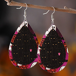 Cat Shape Серьги-капли из искусственной кожи на Хэллоуин, с серьгами из нержавеющей стали и крючком, оранжевые, платина, форма кошки, 75x35 мм