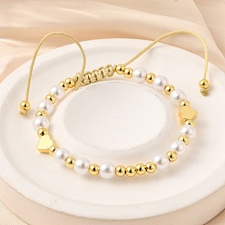 Настоящее золото 18K АБС искусственный жемчуг бусины плетеные браслеты из бисера для женщин, с латунными сердечками, реальный 18 k позолоченный, внутренний диаметр: 2-1/8 дюйм (5.3 см) ~ 3-3/8 дюйм (8.6 см)